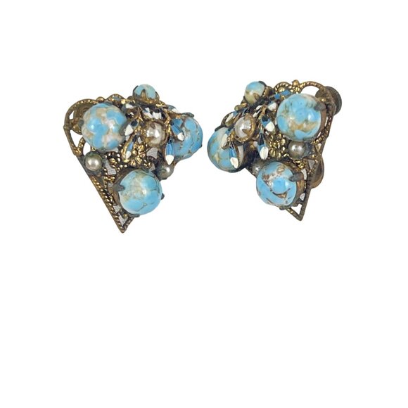 Vintage Czech Brass Turquoise Glass Cabochon Screw Back Earrings 3/4" - Picture 3 of 8